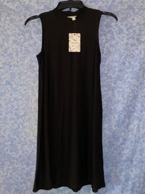 NWT—Pink Rose Black Sleeveless Midi Dress with High Neck